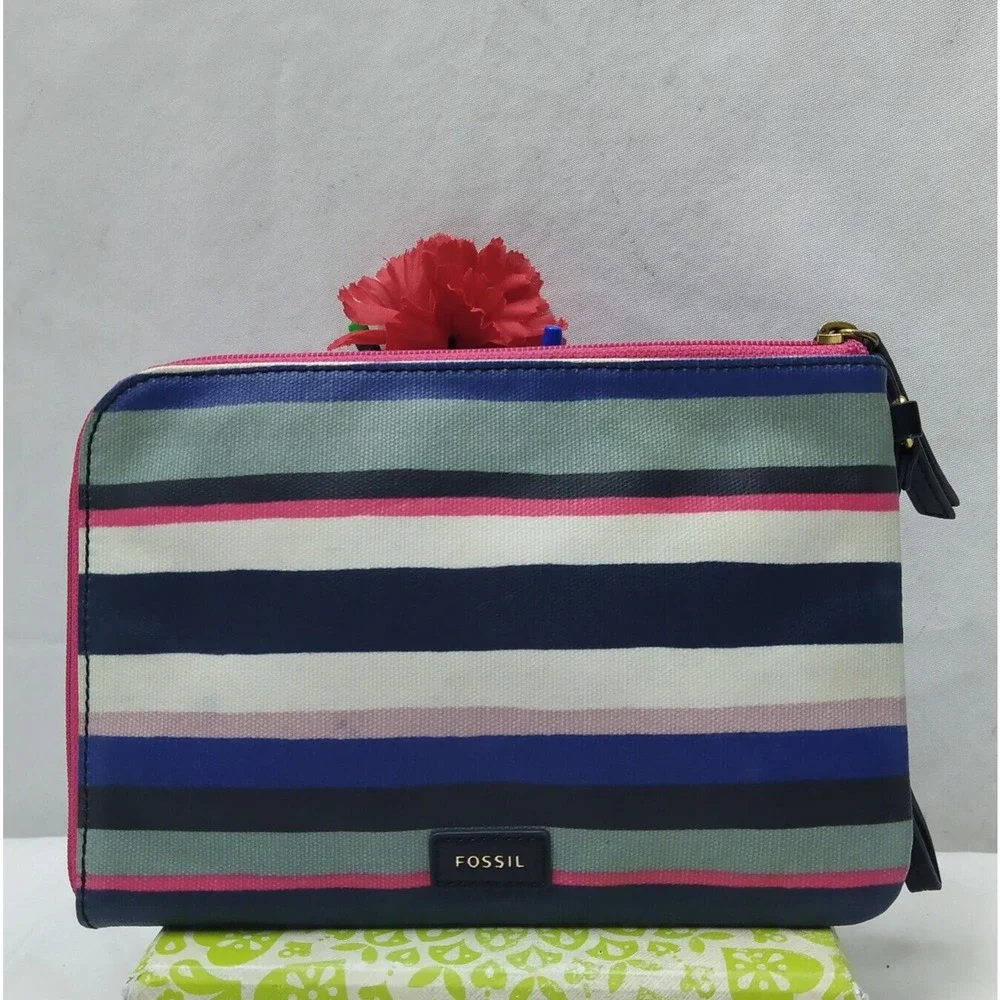 Fossil Multicolor Coated Canvas Stripes Zipper Closure Coin Wallet